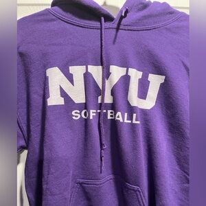 Gildan NYU softball, purple, hooded sweatshirt